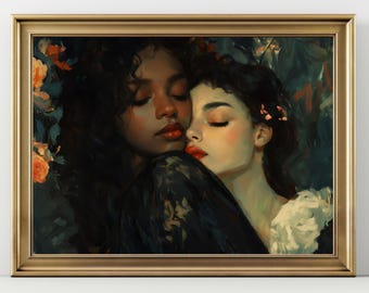 Girlfriends, Dark Academia Print , dark Moody Victorian Lesbian Wall Art, Dark Decor Aesthetic, Dark Cottagecore, Gothic Prints painting wlw
