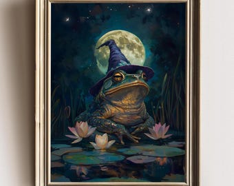 Whimsical Frog Wizard Wall Art, Moonlit Fantasy Print, Cute Toad Illustration, Magical Cottagecore Decor, Enchanted Night Artwork