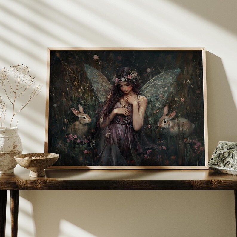 May include: A painting of a fairy with wings and a flower crown, standing in a forest with two rabbits. The fairy is wearing a purple dress and has long brown hair. The background is a dark green forest with flowers.