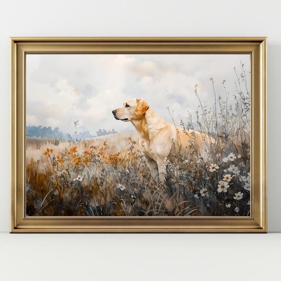 Yellow Labrador Wall Art | Dog in Wildflower Field Print | Rustic Farmhouse Dog Decor | Golden Lab Pet Portrait Painting