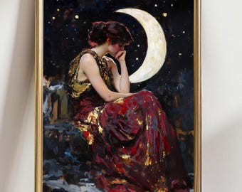 Gothic Moon Wall Art: Celestial Woman - Dark Academia Decor