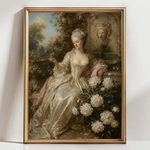 May include: A framed oil painting depicting a person in a long, cream-colored gown sitting near a stone fountain. The person holds a small blue bird, surrounded by lush white peony flowers, climbing roses, and a sculpted stone wall background.
