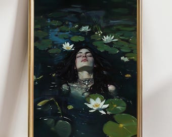 Mystical Lily Pond Goddess Art Print – Dark Academia Nymph Wall Decor