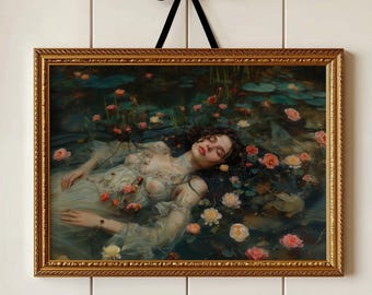 Ophelia-Inspired Wall Art – Romantic Woman Floating in Water with Flowers, Gothic Fairycore Aesthetic Print, Dreamy Home Decor
