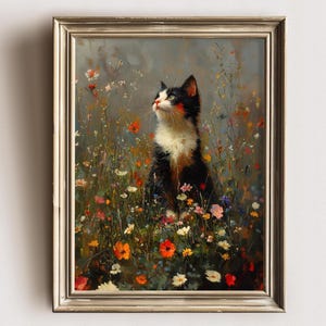 Cat Floral Painting Vintage cottagecore art, Flowers Landscape Painting, Animal Art Print, Vintage Print, Cat Wall Art, Cat Lover Gift