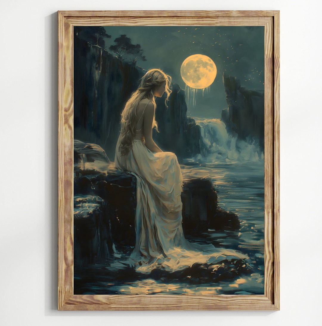 Moon Goddess Wall Art Print, Celestial Woman by Waterfall, Mystical ...