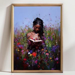 Black Girl Reading in Wildflowers – Colorful Book Lover Art Print, Floral Nature Wall Decor, Cottagecore Aesthetic Woman Poster