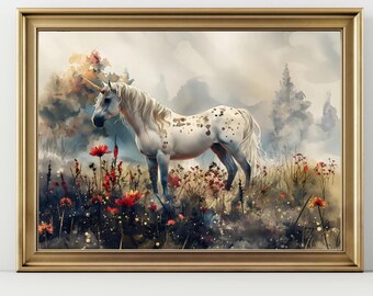 Dark Academia Unicorn Print, Moody Vintage Floral