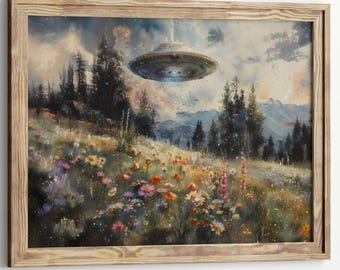 UFO Surreal Art Print,Wildflower Meadow, Eclectic Wall Art,  Floral Cottagecore Landscape Funny Altered Art Print UFO Wall Alien Art Print