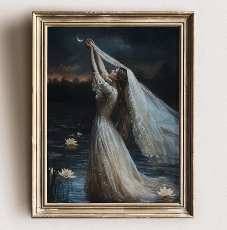 Romantic Woman Reaching for Crescent Moon Art – Ethereal Water Lily Night Scene, Dreamy Feminine Fantasy Wall Print image 2