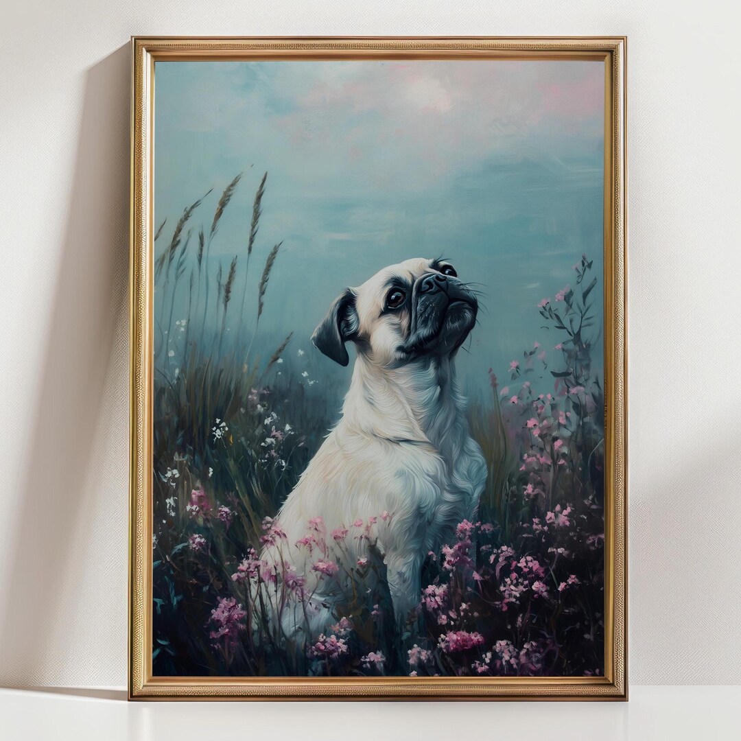 Pug Art Print, Whimsical Dog Wall Decor, Cute Pug in Flowers ...