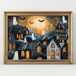 Halloween Town Folk Art Print Halloween Ghost Wall Art, Halloween Pumpkin Vintage Art Halloween Decor For Home Moody Halloween Poster