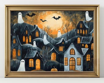 Halloween Town Folk Art Print Halloween Ghost Wall Art, Halloween Pumpkin Vintage Art Halloween Decor For Home Moody Halloween Poster