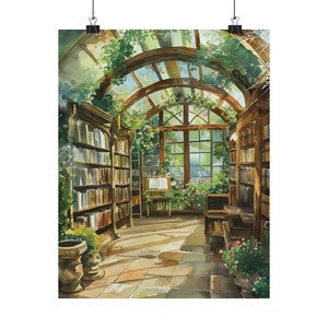 Cozy Garden Library Wall Art – Sunlit Conservatory Book Nook Art Print, Bookish Cottagecore Reading Room Decor image 6