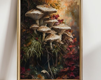 Forest Mushroom Wall Art Print, Autumn Woodland Painting, Botanical Fungi Decor, Cottagecore Nature Art