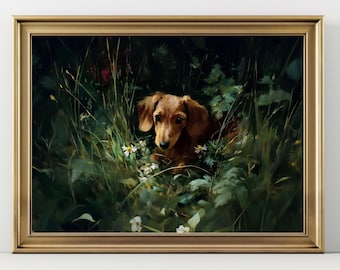 Dachshund Art Print – Dog Wall Art, Long Haired Dachshund Painting, Rustic Pet Portrait, Animal Lover Gift, Cozy Countryside Decor