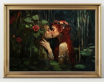 Sappho & Persephone, Dark Academia Print - The Lake, Goth Moody Victorian Lesbian Wall Art, Dark Decor Aesthetic, Dark Cottagecore, Gothic