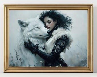 Fantasy Woman with White Wolf Wall Art Print – Mystical Companion Painting, Warrior Girl Artwork, Enchanted Animal Lover Home Decor