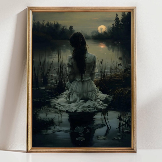 Dark Romantic Art Print – Woman in White at Dusk, Gothic Lake Moonlight Poster