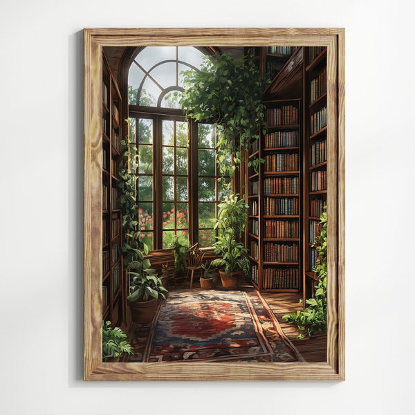 Dark academia Library and plants art print | moody enchanting literature, dark romantic, victorian vintage library, foliage, nostalgic art