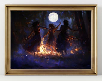 Moonlight Dance Art Print • Mystical Women by Fire Painting • Witchy Boho Wall Art • Divine Feminine Energy Decor