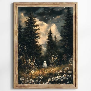 Fantasma en un mágico prado de flores silvestres - Lámina artística, decoración caprichosa de Halloween, arte de pared encantador y espeluznante para la temporada de otoño - Dark Academia
