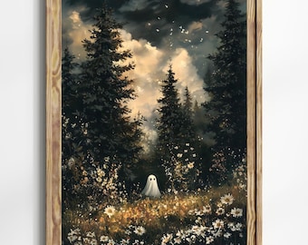 Ghost in Magical Forest Wildflowers Meadow Art Print, Whimsical Halloween Decor, Charming and Spooky Wall Art for Fall Season Dark Academia