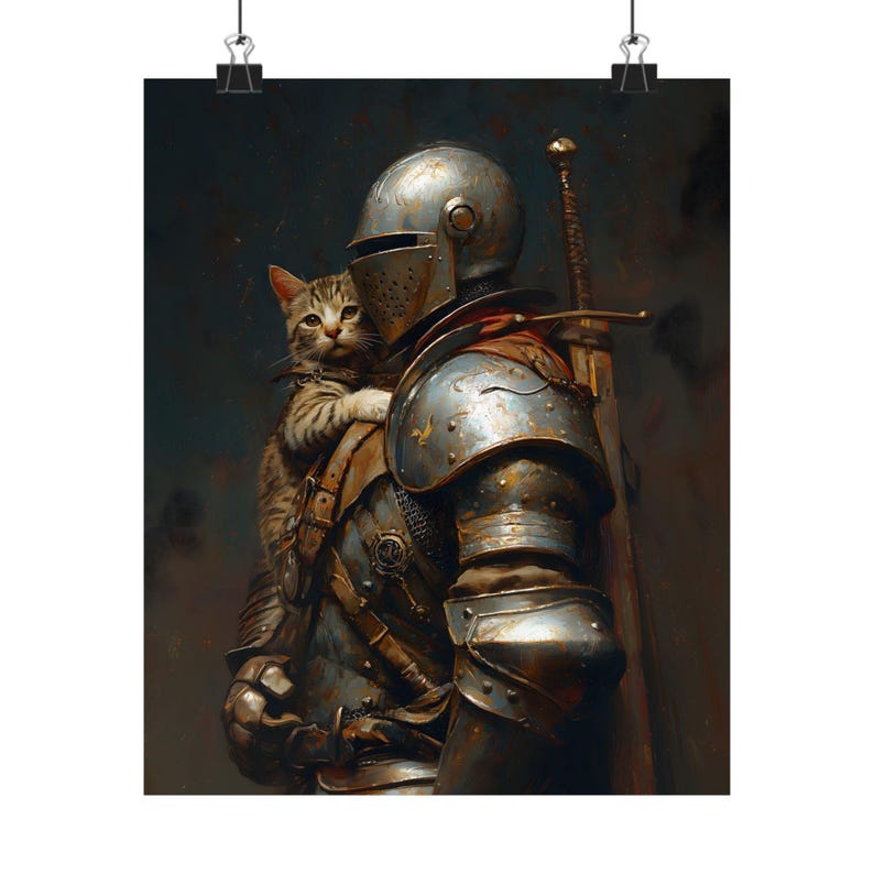 Medieval Knight with a cat Art Print, Knightcore Art, vintage Painting Fantasy Maximalist Decor, Dark Academia Goth Moody Victorian Wall Art image 7