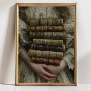 Books Victorian Art altered Print moody Painting vintage woman Bookish Print, victorian decor wall art, dark antique art Print Dark Academia