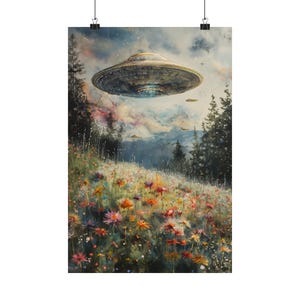 UFO Surreal Art Print,Wildflower Meadow, Eclectic Wall Art, Floral Cottagecore Landscape Funny Altered Art Print UFO Wall Alien Art Print image 6
