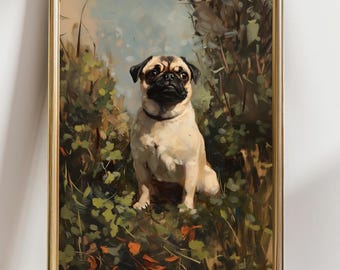 Pug Wall Art, Cute Dog Nature Portrait Print, Cottagecore Pet Poster