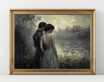 Romantic Couple by the Lake Wall Art Print, Vintage Love Painting, Romantic Landscape Artwork, Cottagecore Couple Decor, Dreamy Love Story
