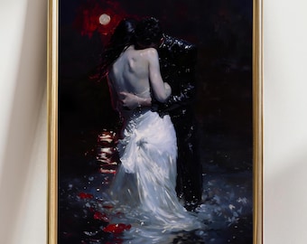 May include: A framed artwork depicts a couple embracing in a dark, romantic scene. The woman wears a white gown, while the man is in black. A red moon hangs in the sky, and the water reflects the moonlight. The painting is in a gold frame.