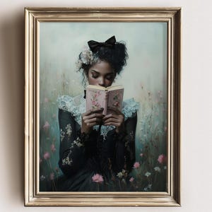 Black Woman Reading Art Print – Dark Academia Floral Wall Art, Bookish Aesthetic, Cottagecore Library Decor, Feminine Study Vibes