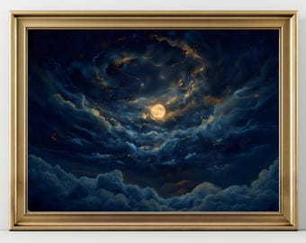 May include: A framed print of a night sky with a full moon and clouds. The moon is a bright yellow color and the clouds are a dark blue.