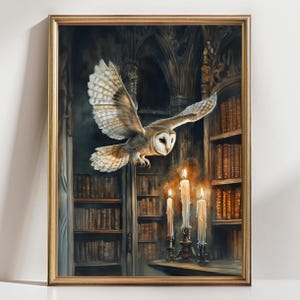 Barn Owl Wall Art Print, Dark Academia Library Decor, Gothic Owl Painting, Moody Vintage Bookcase Artwork, Candlelight Fantasy Home Decor