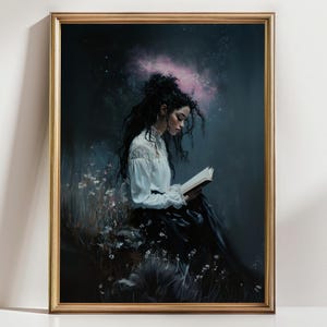 Whimsical Reading Poster, Dreamy Art Print, Floral Black Woman Artwork, Home Decor for Book Lovers, Gift for Readers, Dark Academia decor