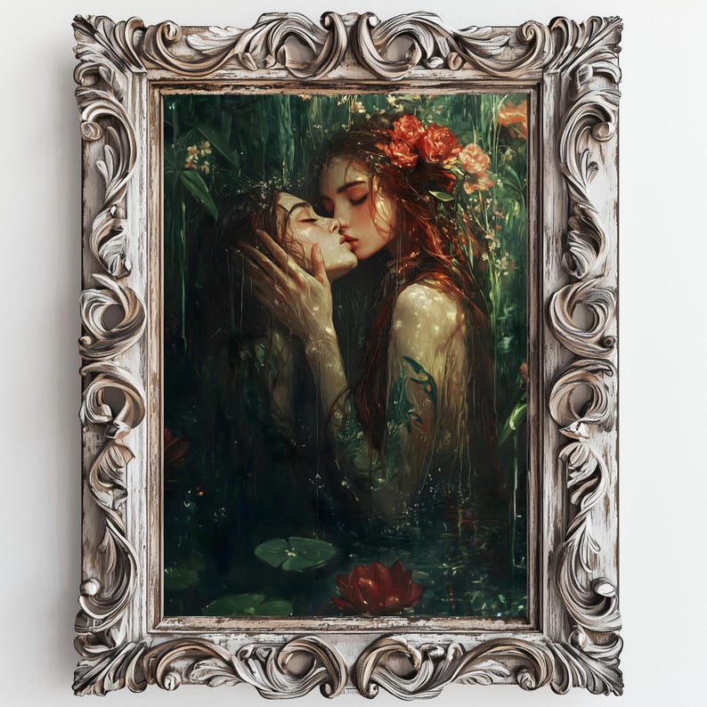  Romantic Lesbian Art Print – Fantasy Forest Kiss Wall Art, Intimate 