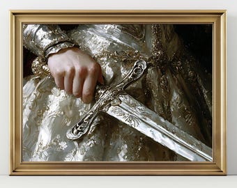 Medieval Sword Wall Art, Knight Armor Painting, Renaissance Warrior Print, Vintage Fantasy Decor, Dark Academia Wall Art
