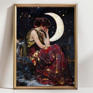 Moon goddess wall art crescent moon woman print starry night painting magical feminine celestial dream artwork