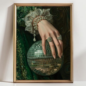 Victorian Art altered Print moody Painting, vintage green Disco ball Print, victorian decor wall art, dark moody altered art Print Pearls