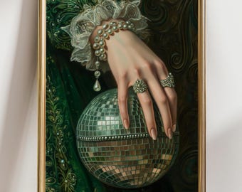 Victorian Art altered Print moody Painting, vintage green Disco ball Print, victorian decor wall art, dark moody altered art Print Pearls