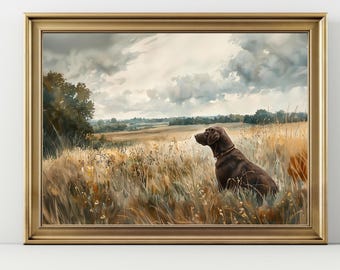 Könnte beinhalten: Gerahmtes Aquarellgemälde, das einen braunen Hund in einem Feld mit hohem Gras zeigt. Der Hund trägt ein Halsband und blickt nach rechts. Der Hintergrund zeigt einen bewölkten Himmel und eine entfernte Landschaft. Der Rahmen ist goldfarben.