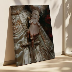 Royal Sword Maiden Art Print – Feminine Hand Holding Sword in Pearl Gown, Regal Canvas Wall Art, Baroque Warrior Woman Decor