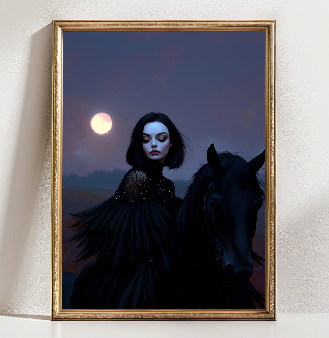 Gothic Woman on Horse Wall Art, Dark Romantic Fantasy Print, Moonlit ...