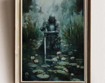 Dark Fantasy Knight in Misty Swamp Wall Art Print, Medieval Armor Warrior with Sword, Moody Gothic Nature Landscape, Fantasy Home Decor