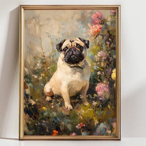 Op de afbeelding: Een ingelijst schilderij van een mopshond die in een bloemenveld zit. De hond heeft een bruine vacht met een zwarte snuit en oren. De bloemen zijn roze, geel en wit, met groen blad. Het schilderij zit in een gouden lijst.