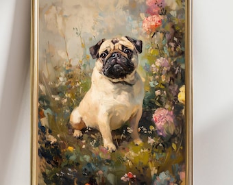 Cute Pug Dog Portrait with Flowers | Whimsical Pet Art Print