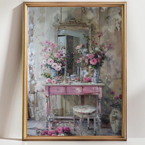 Vintage Vanity Wall Art Print, Floral Still Life Painting, Romantic Cottage Decor, Shabby Chic Wall Art, Feminine Home Decor