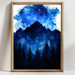 Arte mural de bosque de montaña a medianoche / Pintura de paisaje azul cielo estrellado / Póster de naturaleza mística nocturna / Decoración de bosque